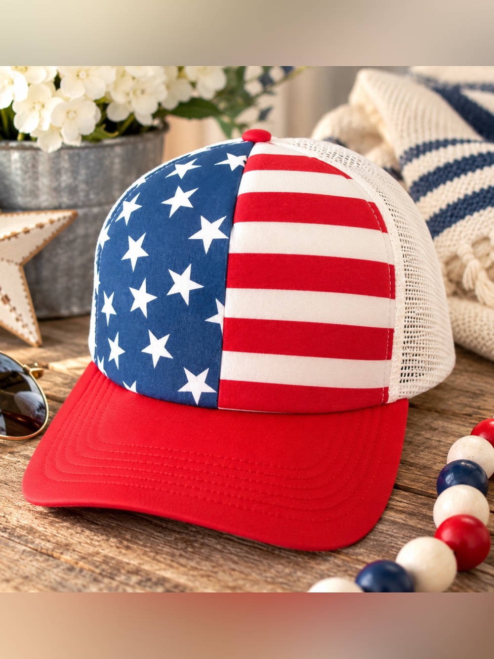 American Flag Patriotic Trucker Hat Red White Blue Mesh Snapback OS